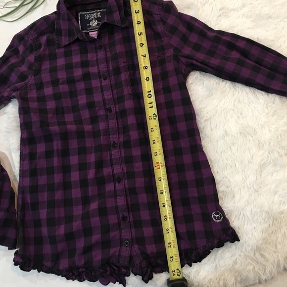 Victoria’s Secret Pink Plaid Ruffle button down purple black small - Picture 8 of 8